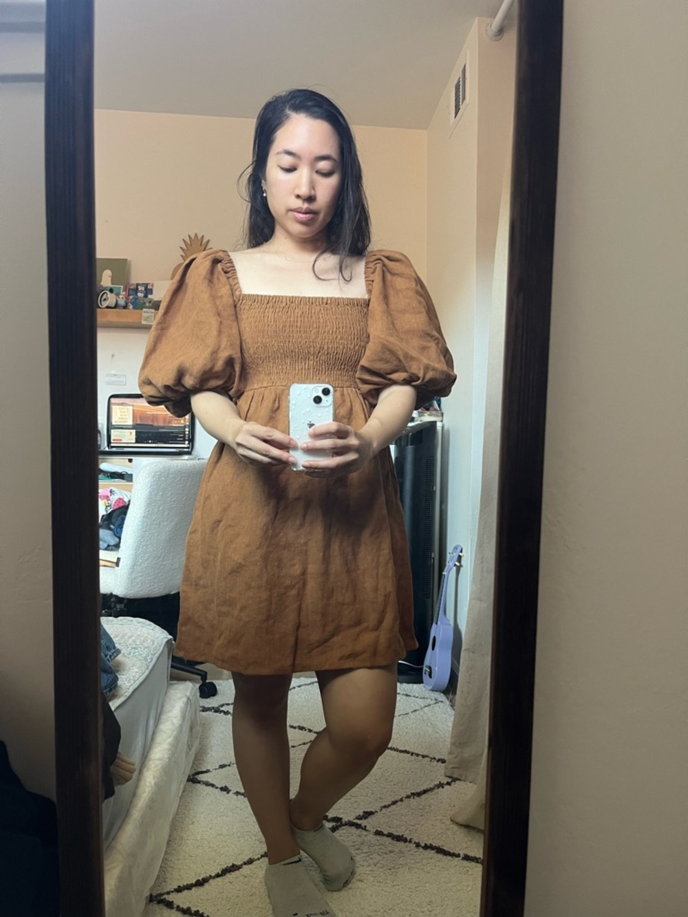 Sezane Smocked Square-Neck Mini Dress in Rust Brown
